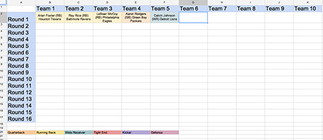 Spreadsheet for Fantasy Football Draft